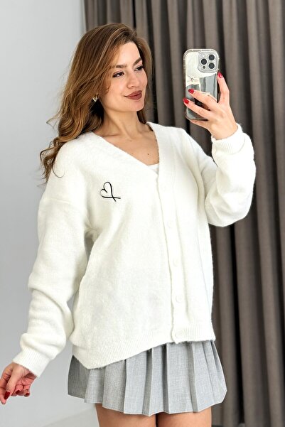 Juuuj Ecru Soft Textured V-Neck Wide Cut Cardigan with Heart Embroidery on th...