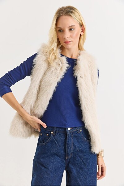 Juuuj Beige Faux Fur Textured Sleeveless Shiny Polyester Fabric Soft Formed C...