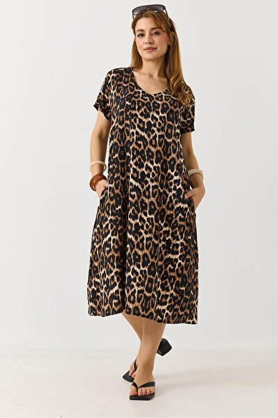 Juuuj Rochie midi confortabilă, cu model leopard, din țesătură elastică, cu d...