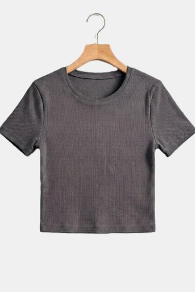 Juuuj Anthracite Camisole Textured Crew Neck Short Sleeve Ribbed Crop Blouse