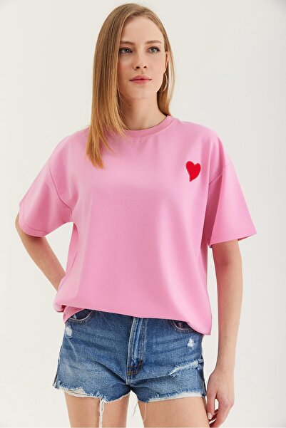 Juuuj Tricou roz din bumbac, cu textură elastică, decolteu tip crew, cu umeri...