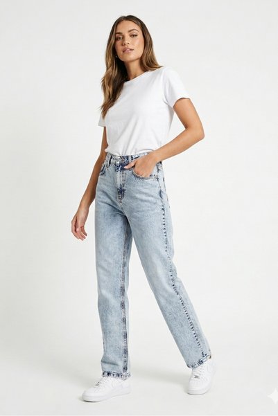 Juuuj Blugi cu textură din denim albastru, cu talie înaltă, croială normală, ...