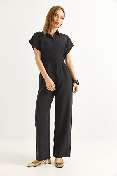 Juuuj Black Modal Woven Fabric Short Sleeve Elastic Waist Shirt Collar Button...