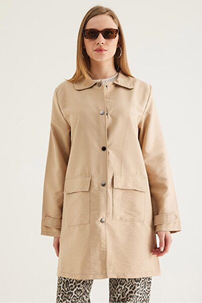Juuuj Beige Polyester Fabric Shirt Collar Straight Cut Metal Snap Button Cap ...