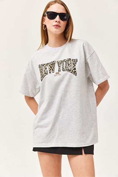 Juuuj Tricou cu mânecă scurtă, gri, din amestec de bumbac, cu decolteu tip cr...