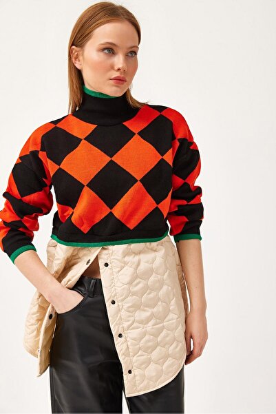 Juuuj Orange Cotton Blend Half Turtleneck Off-Shoulder Quilted Plaid Pattern ...