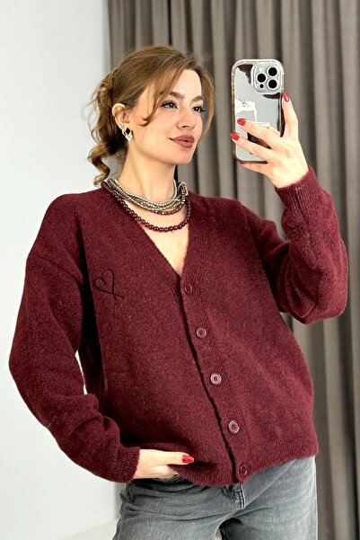 Juuuj Burgundy Stretchy Knitwear Fabric V-Neck Drop Shoulder Wide Cut Front B...