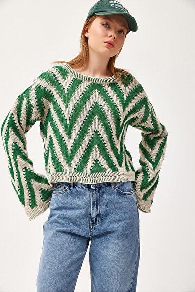 Juuuj Green Knitwear Fabric Folded Sleeve Crew Neck Standard Fit Zigzag Patte...