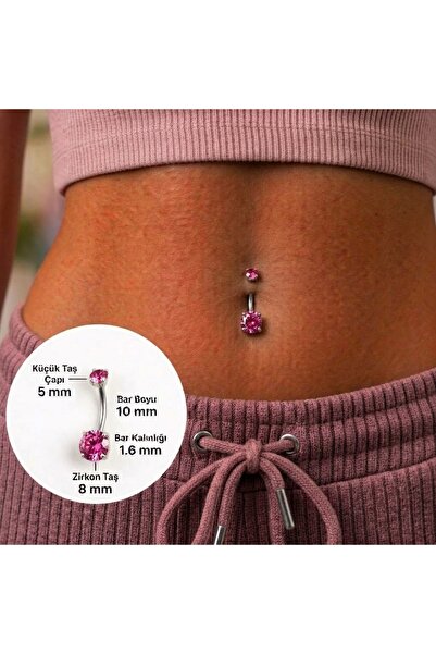 Heppii Cerrahi Çelik Pembe Taşlı Göbek Piercingi