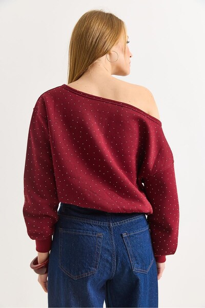 Juuuj Burgundy Three-Threaded, Raised, Boat-Neck, Stone-Embellished, Detailed Cuffed, Comfortable Fit Sweatshirt