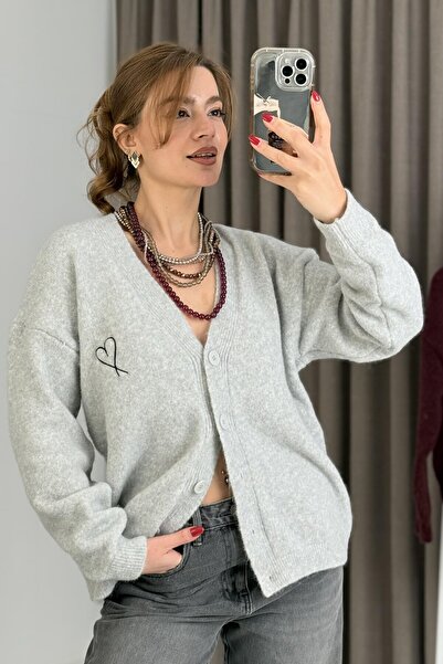 Juuuj Gray Knitwear Textured V-Neck Long Sleeve Wide Cut Front Buttoned Cardi...