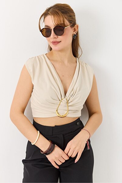 Juuuj Cream Sundy Fabric Thick Strap V-Neck Gold Buckle Detailed Gathered For...