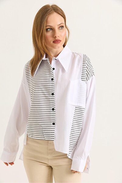 Juuuj White Striped Garnished Shirt Collar Comfortable Fit Reverse Pocket Det...