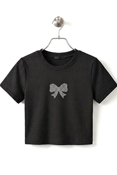 Juuuj Black Stretchy Camisole Fabric Crew Neck Short Sleeve Crop Form Blouse ...