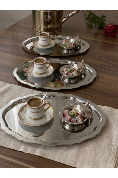 Elzemm store 20*25 CM ÇELİK OVAL DALGALI 3 ADET SERVİS VE SUNUM TEPSİSİ
