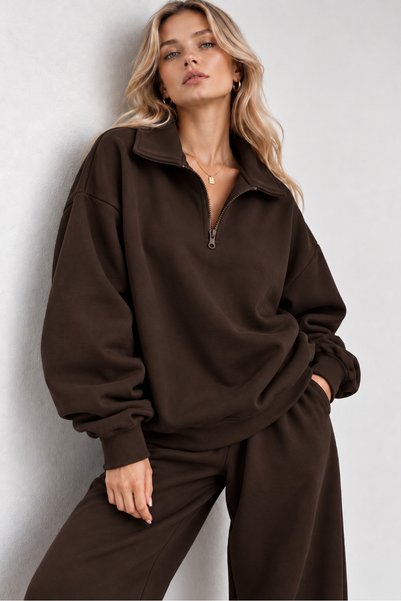 Sun Victoria Women's Brown Polo Neck Oversized 3 Thread Brushed Inside Sweatshirt
