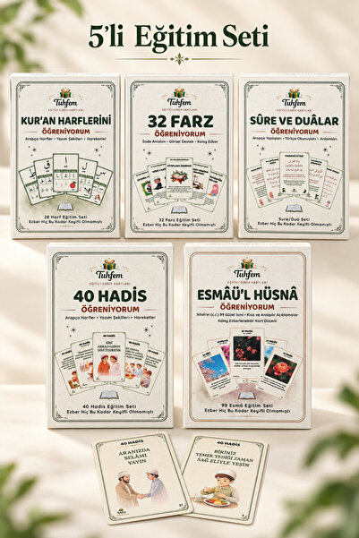 5'li İslami Kart Seti - Kur'an Harfleri, Sure ve Dualar, 32 Farz, 40 Hadis, Esmaül Hüsna