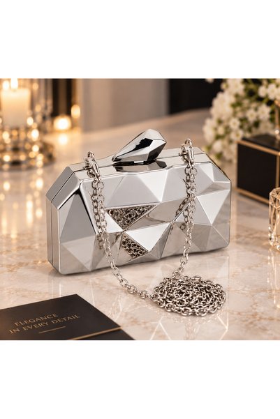 MODA Beegi Concept Women Evening Dress with Metal Silver Chain Wedding Night Party Bag