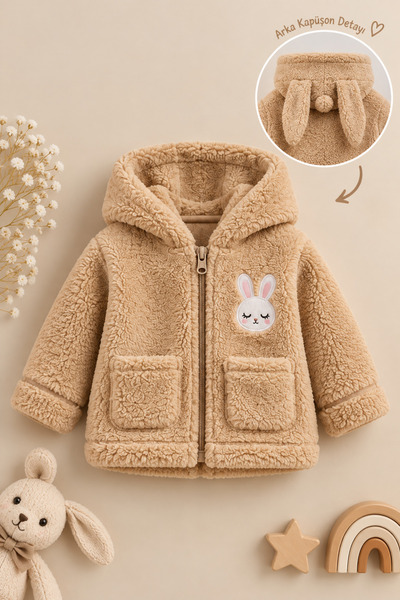 Bubito Kız Bebek Tavşan Nakışlı Fermuarlı Cepli Peluş Welsoft Kışlık Hırka - ...