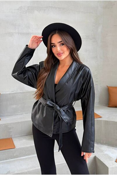 MEECY Women's Zr Model Black Shawl Collar Tied Faux Leather Jacket
