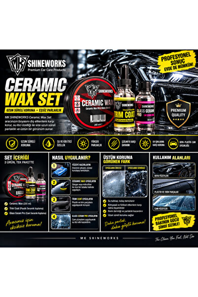 MK SHINEWORKS Ceramic Wax + Trim Coat + Glass Ceram Pro | 3'lü Seramik Koruma...