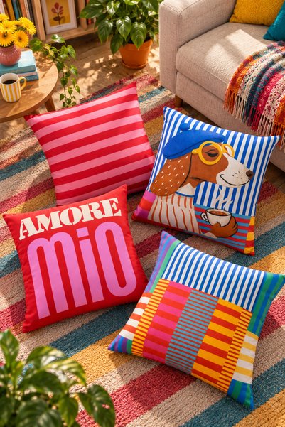 SasoHome Ciao Bella Signore | İtalyan Pop Art Esintili Amore Mio, Renkli Çizgili ve Grafik Desenli 4’lü Dekoratif Kırlent Kılıfı Seti