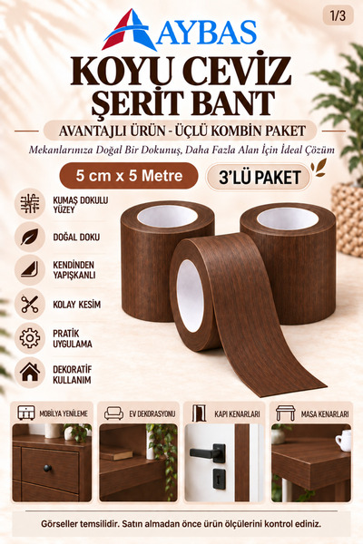 Aybas 5 cm x 5 Metre 3'li Koyu Ceviz Kendinden Yapışkanlı Ahşap Desenli Kumaş...