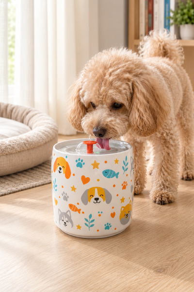 Pawicci Kedi Köpek Porselen Su Pınari Otomatik Filtreli Pompa Seramik 1,3 L LED Işıklı USB Adaptörlü Su Sebili