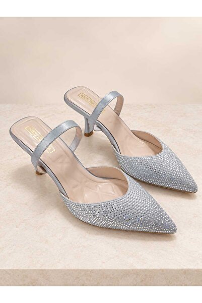 NiceDiffer Women's Silver Stone Detailed Transparent Evening Dress Stiletto H...