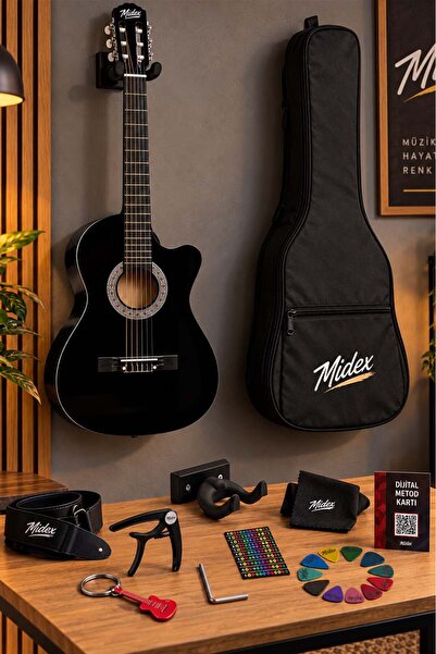 Midex Cg-390bk-xbag Siyah Klasik Gitar 4/4 Sap Ayarlı Kesik Kasa Full Set (ÇA...
