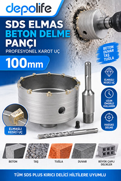 Depolife SDS Elmas Beton Delme Pançı 100mm Beton Duvar Taş Delme Ucu Profesyo...