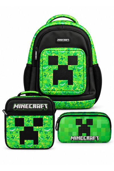 MINECRAFT Lisanslı Creeper 3'lü Okul Çantası Seti Yeşil Siyah – Sırt Çantası,...