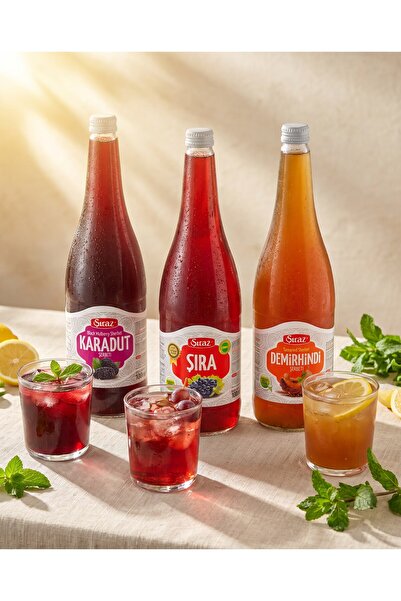ŞİRAZ Doğal Karadut Şerbeti 1 Litre& Doğal Üzüm Şırası 1 Litre & Doğal Demirh...