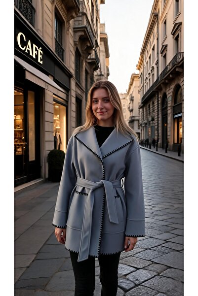 STYLENEST Kadın Uzun Kollu Kruvaze Şal Yaka Kemerli Cepli Kaban