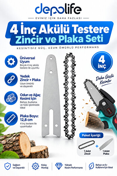Depolife Şarjlı akülü Zincirli Testere 4" Zincir ve Plaka Yedek Parça odun ag...