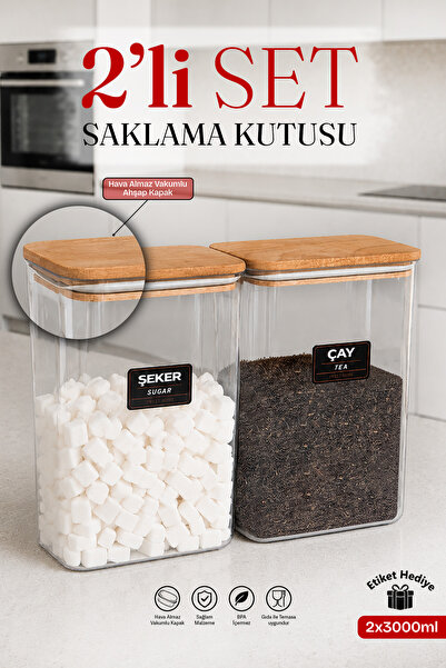 naturelove Ahşap Vakumlu Kapaklı Akrilik Çay Şeker Saklama Kavanozu Saklama K...