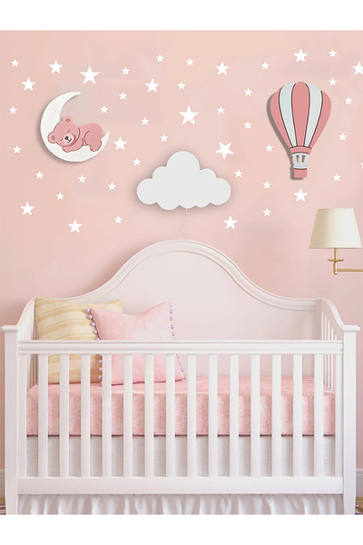 BugyBagy Pembe El Boyaması 3’lü Bebek Odası Gece Lambası Seti + 56 Adet Yıldı...