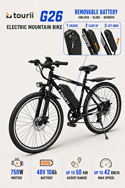 Tourii G26 Electric Mountain Bike, 750W Motor, 48V 10Ah Removable Battery, 26...
