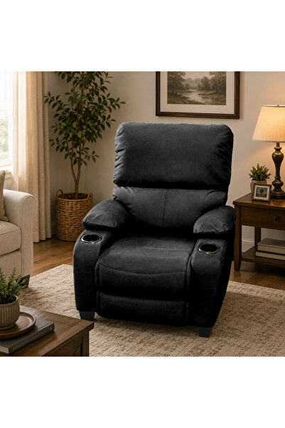 In House Velvet Classic Cinematic Recliner Chair with Cups Holder - Black - NZ70