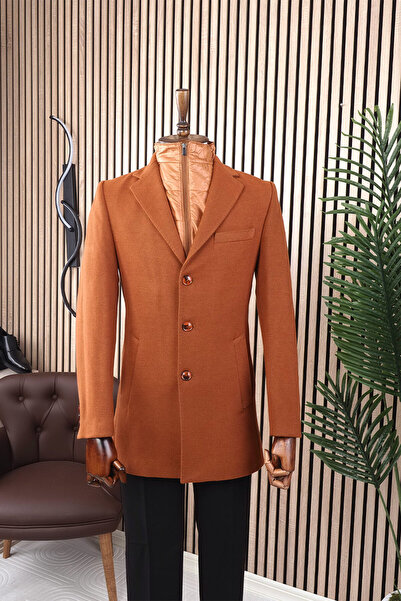Jan Carlucci Erkek Slim Fit Turuncu Çıkmalı Ceket Yaka İçi Kapitoneli Tek Yır...