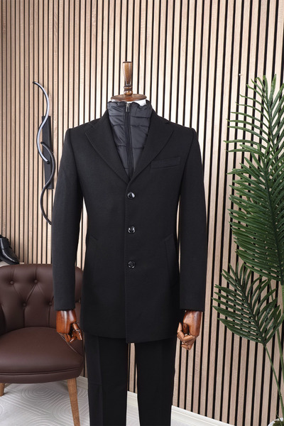 Jan Carlucci Erkek Slim Fit Siyah Çıkmalı Ceket Yaka İçi Kapitoneli Tek Yırtm...