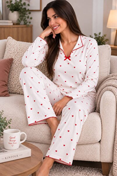 Arvin Pijama Women's Heart Patterned Soft-Textured Brushed Inside Winter Cott...