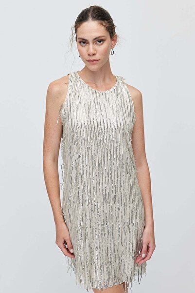 PAULMARK Women's Sequin and Fringe Detailed Sleeveless Mini Stylish Dress