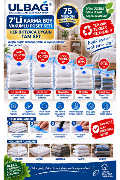 ÜLBAG 7'li Vakumlu Saklama Poşeti Set-5 ( Yastık - Elbise-battaniye - Yorgan ...