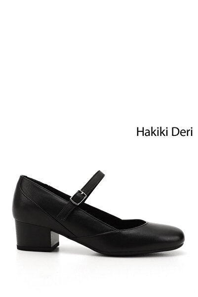 GÖNDERİ(R) Kadın Siyah Kısa Kalın Topuklu Mary Jane Hakiki Deri Ayakkabı