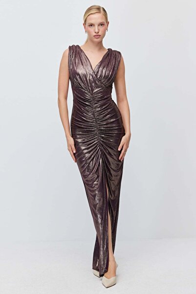 PAULMARK Women's Metallic Shimmering Front Gathered V-Neck Sleeveless Long St...