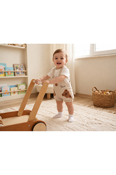 Genel Markalar Erkek Bebek Ayıcık Desenli Keten Dokulu Şort Salopet ve Tişört...