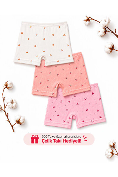 KOTA İÇ GİYİM Kız Çocuk 3’lü Ribana Boxer Pamuklu İç Çamaşırı Minimal Desenli