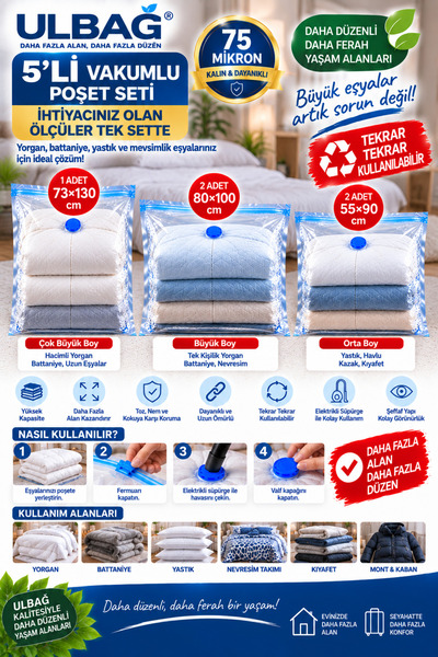 ÜLBAG Vakumlu Hurç 5' Li Set Elbise Yorgan Battaniye Hurcu Poşet Hurç Vakumlu...