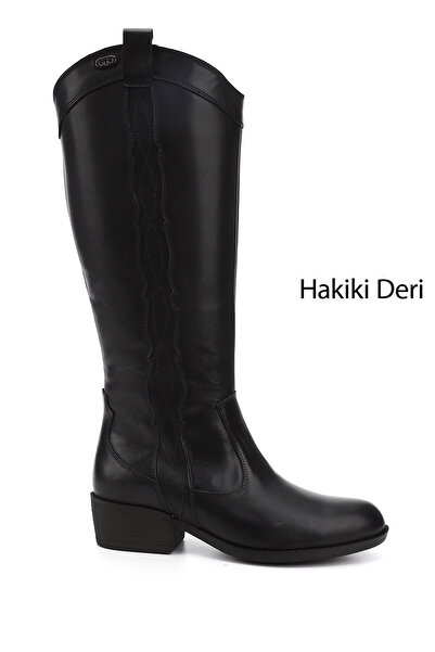 GÖNDERİ(R) Kadın Siyah Fermuarlı Kalın Topuklu Hakiki Deri Kovboy Çizme